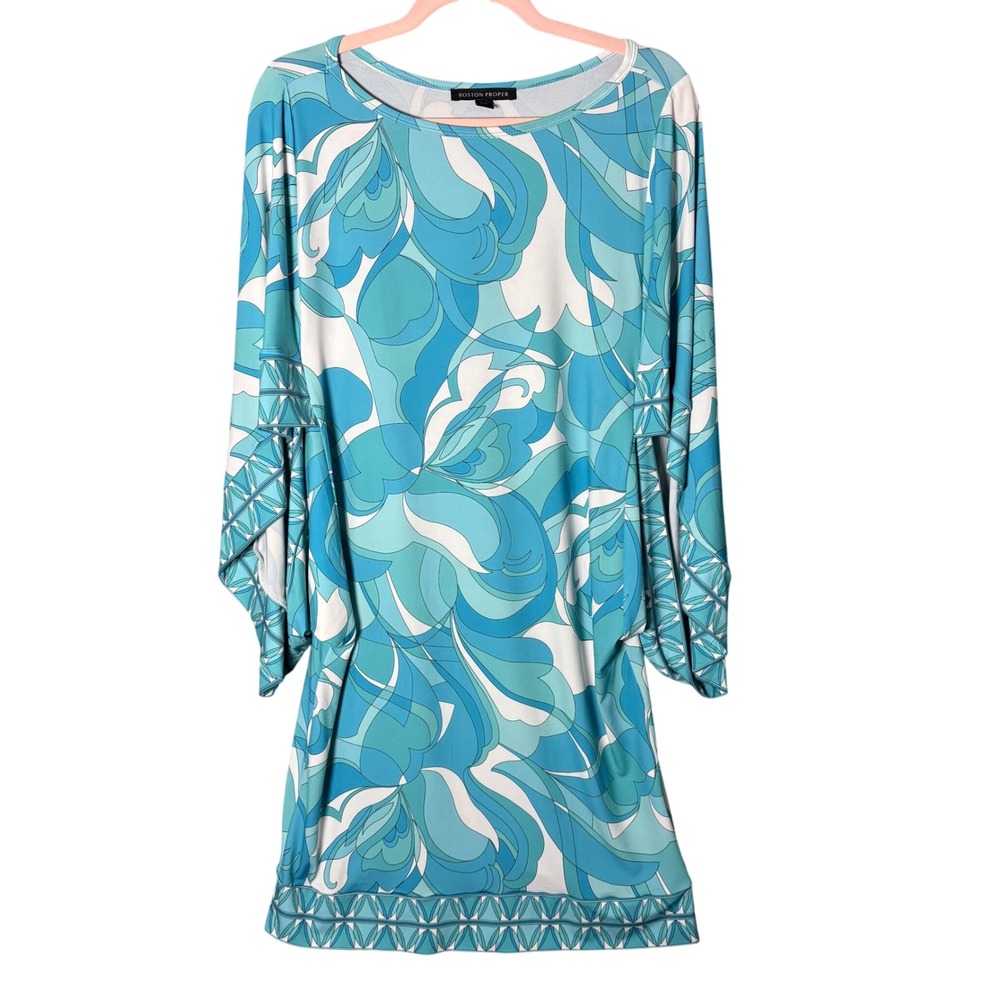 Boston Proper Teal Mod Floral Kimono Swim Cover Up Dress Beachy Vacation Lrg